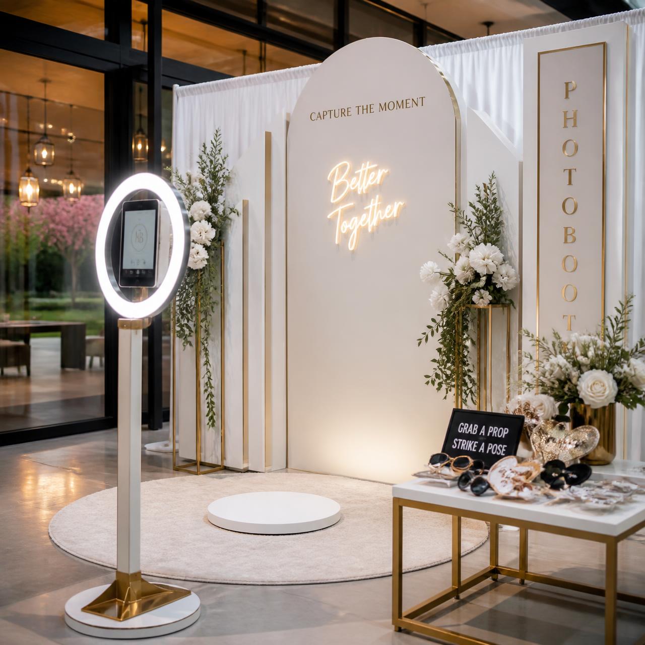 Elegant white and gold open-air photo booth setup with floral styling at a Vacaville venue