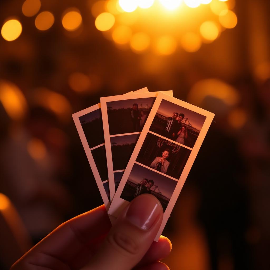 Instant printed photo strips held under warm event lighting